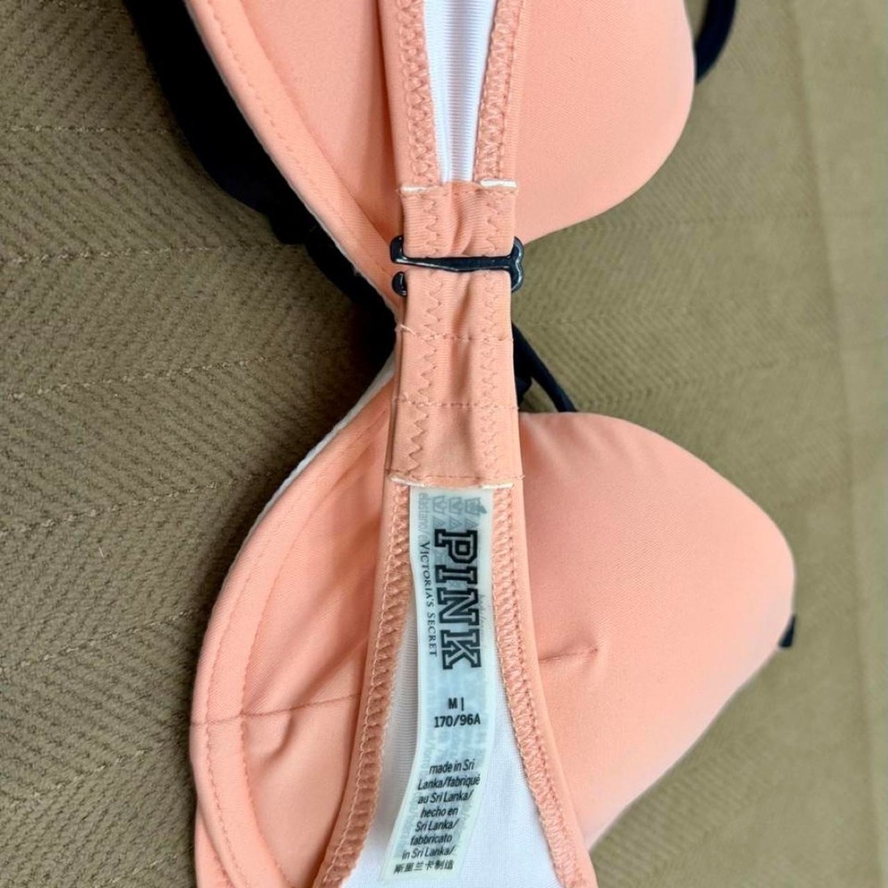 PINK Victoria's Secret Lace Up Side Halter Bikini Top Peach Orange Black Size M - Picture 5 of 5